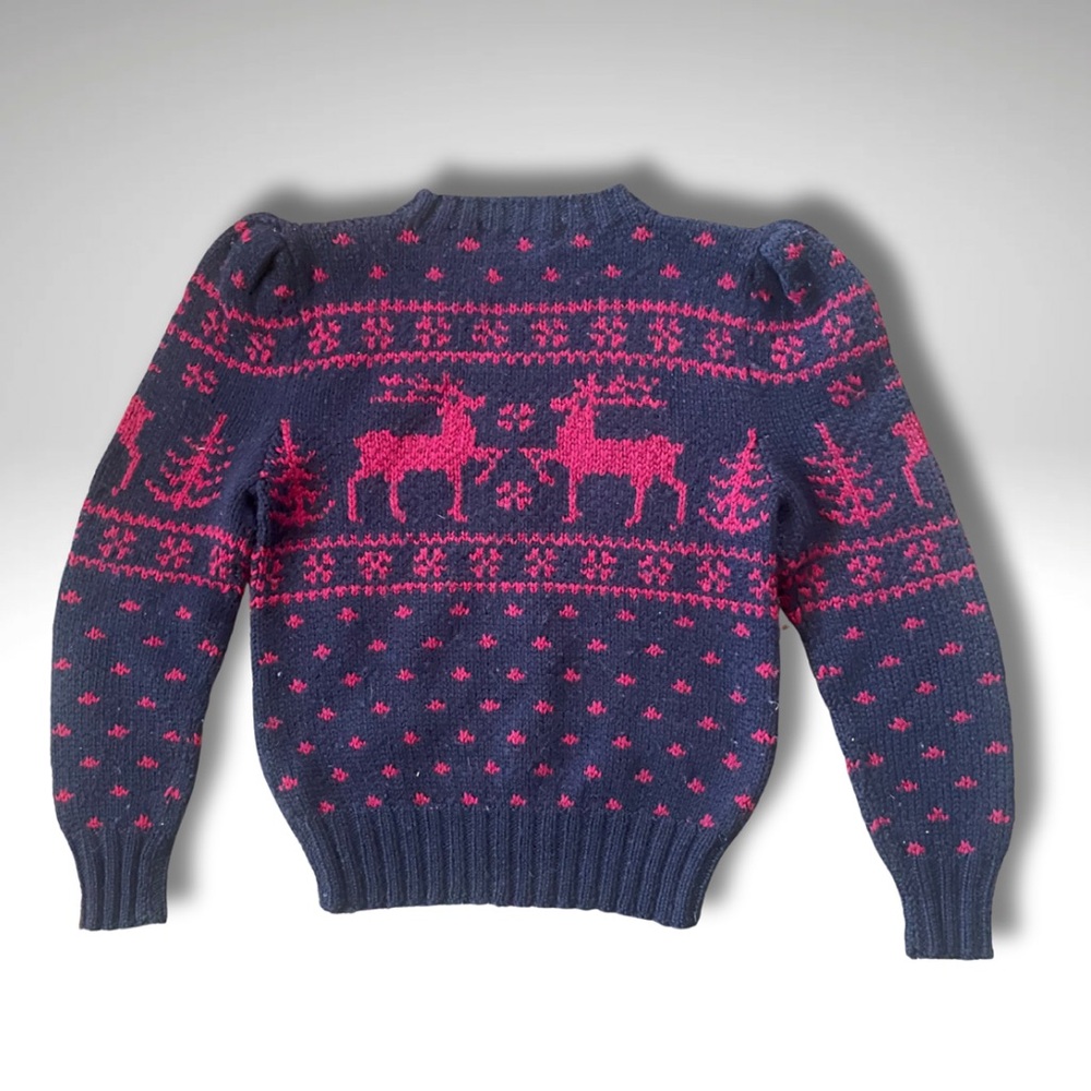 VTG Ralph Lauren Archival Hand-Knit Wool Reindeer Intarsia Sweater • Puff Sleeve